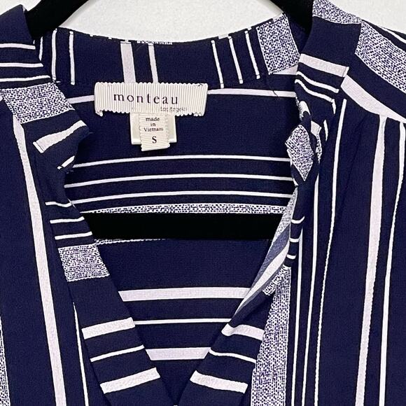 Monteau Belt A-Line Dress Striped Short Coastal Nautical Country Club Blue S - Picture 4 of 12